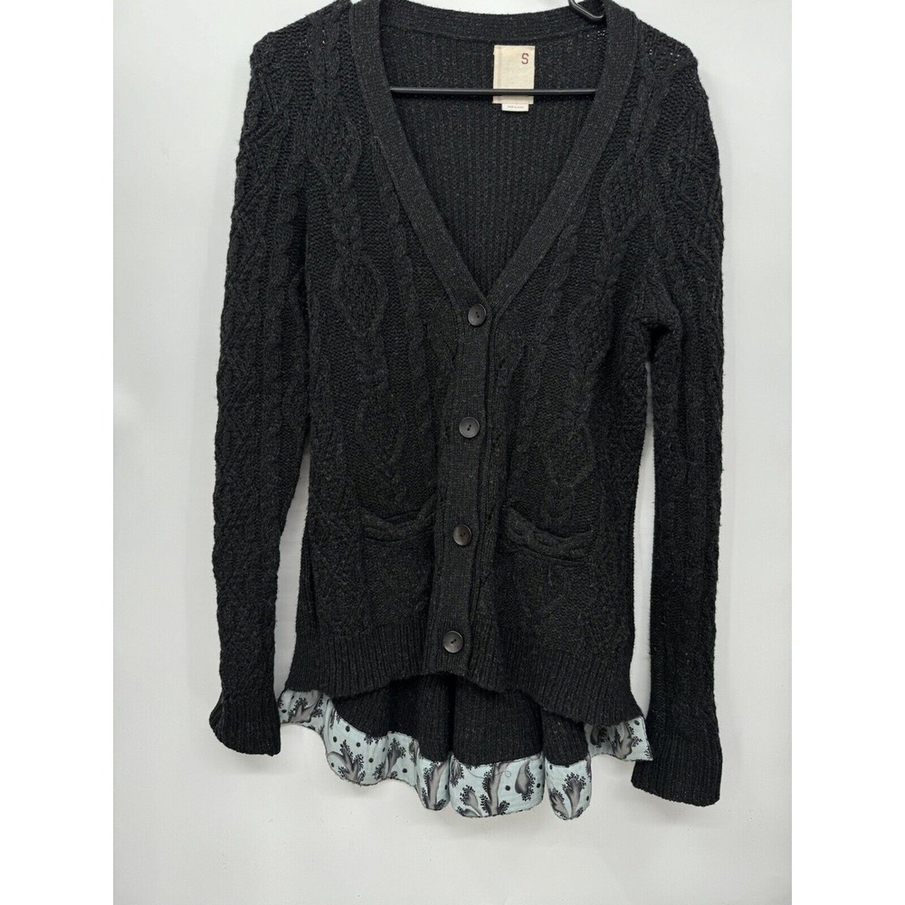 Far Away From Close Black Wool Blend Cable‎ Knit Layered Peplum Cardigan Small